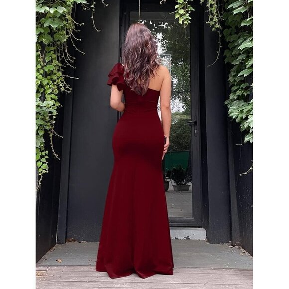 ✨Women's Red Sexy Sleeveless One Shoulder Ruffle  Evening Long Formal Dress - Picture 4 of 7